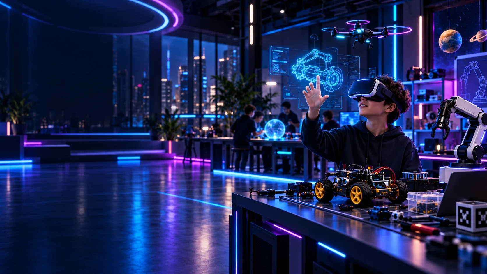 Ученик в VR-шлеме исследует робототехнику: рядом дрон, ровер и роботизированная рука, за ним — команда за учебным столом
